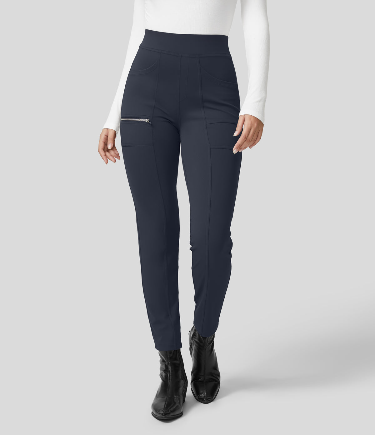 High Waisted Pockets Zipper Casual Slim Trousers — Midnight Blue — view 1