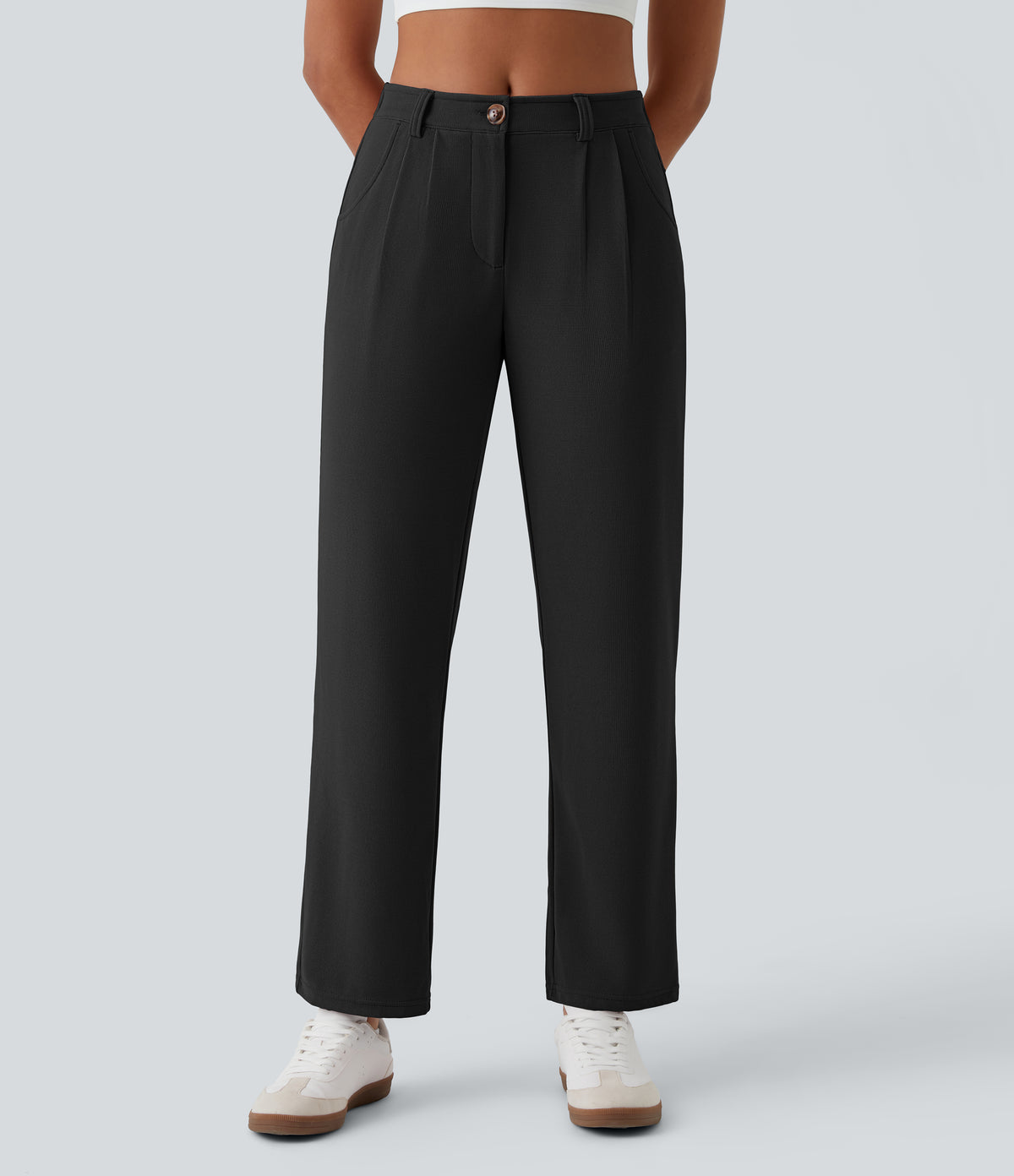 Mid Rise Zipper Pocket Waffle Casual Trousers — Black — view 3