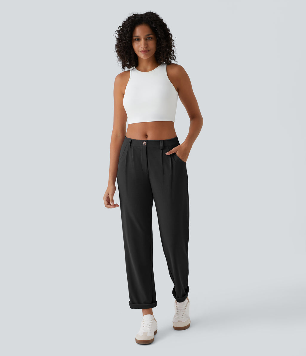 Mid Rise Zipper Pocket Waffle Casual Trousers — Black — view 4