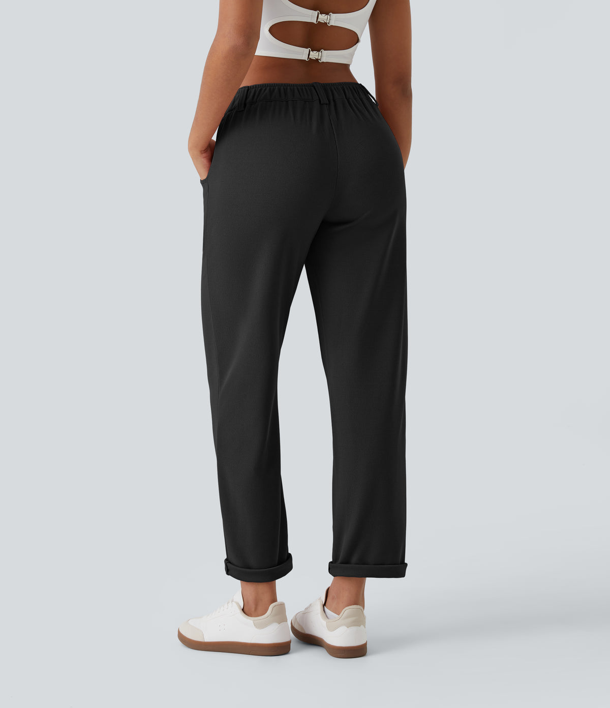 Mid Rise Zipper Pocket Waffle Casual Trousers — Black — view 2