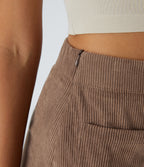 High Waisted Button Front Side Pocket Zipper 2-in-1 Corduroy Mini Casual Skirt — Acorn — view 5