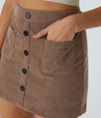High Waisted Button Front Side Pocket Zipper 2-in-1 Corduroy Mini Casual Skirt — Acorn — view 4