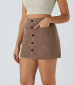 High Waisted Button Front Side Pocket Zipper 2-in-1 Corduroy Mini Casual Skirt — Acorn — view 3