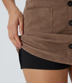 High Waisted Button Front Side Pocket Zipper 2-in-1 Corduroy Mini Casual Skirt — Acorn — view 6