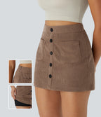 High Waisted Button Front Side Pocket Zipper 2-in-1 Corduroy Mini Casual Skirt — Acorn — view 1