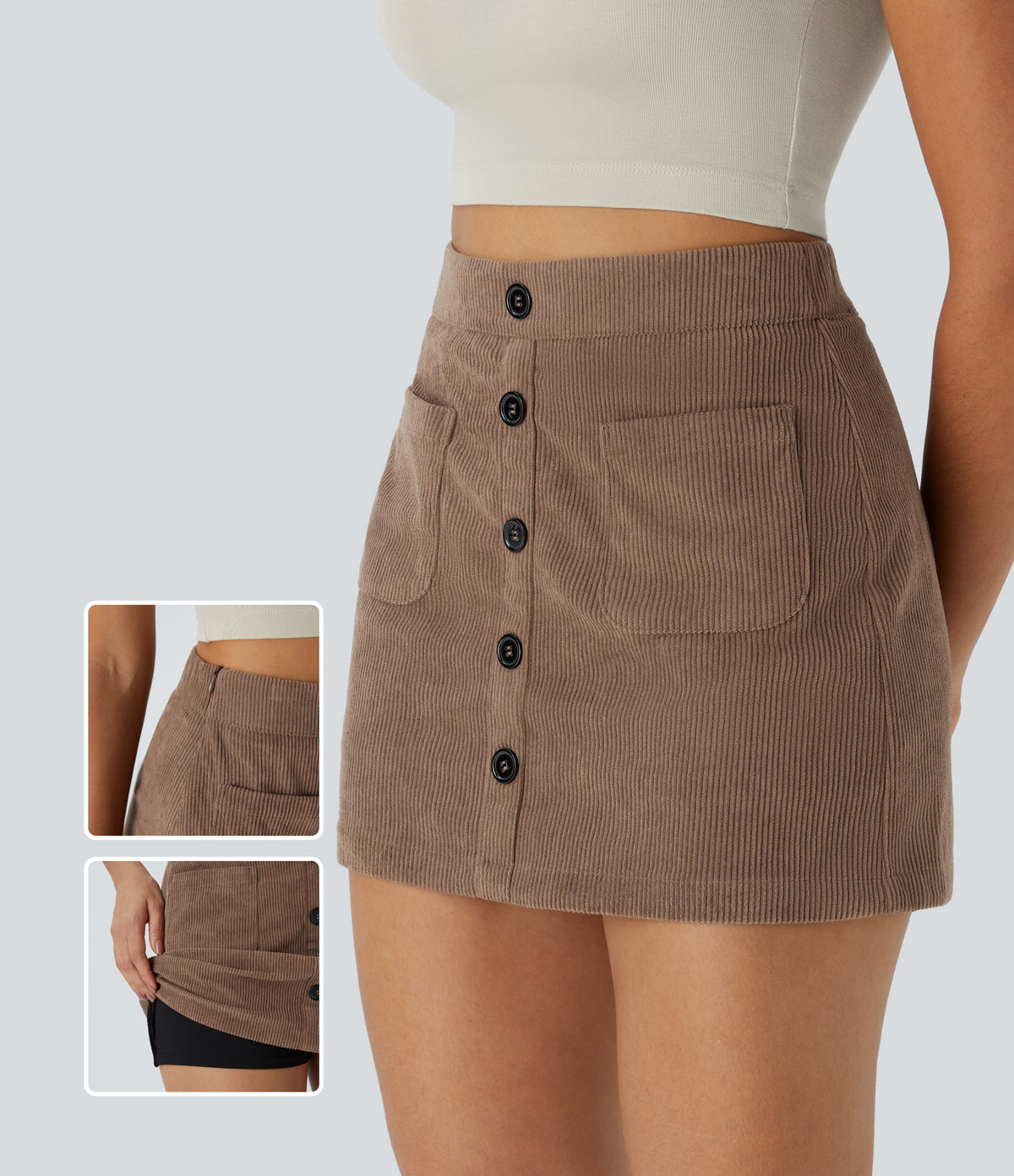High Waisted Button Front Side Pocket Zipper 2-in-1 Corduroy Mini Casual Skirt — Acorn — view 1