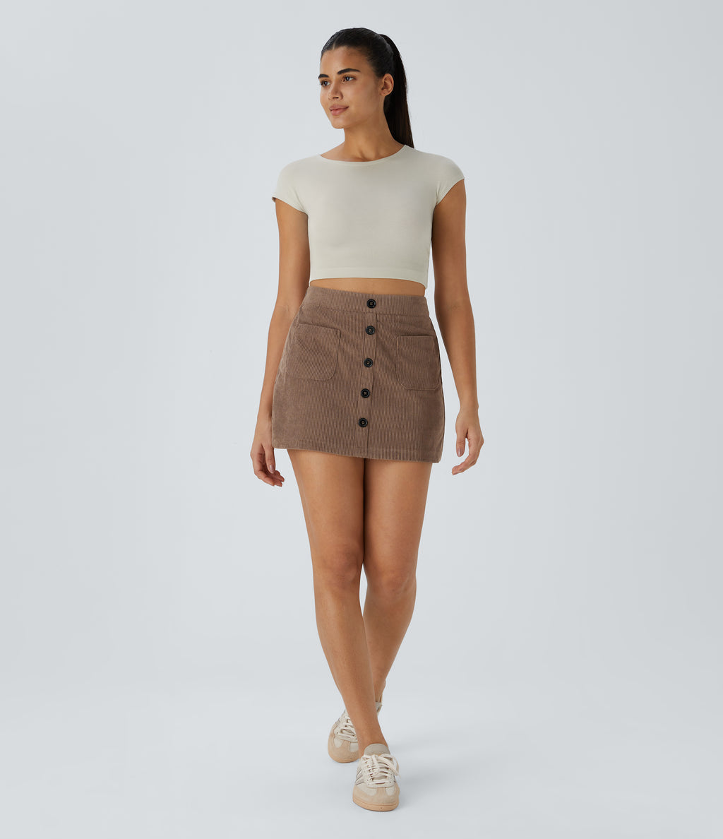 High Waisted Button Front Side Pocket Zipper 2-in-1 Corduroy Mini Casual Skirt — Acorn — view 7