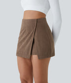 High Waisted Back Zipper Split Hem 2-in-1 Corduroy Casual Skirt — Acorn — view 5