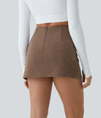 High Waisted Back Zipper Split Hem 2-in-1 Corduroy Casual Skirt — Acorn — view 4