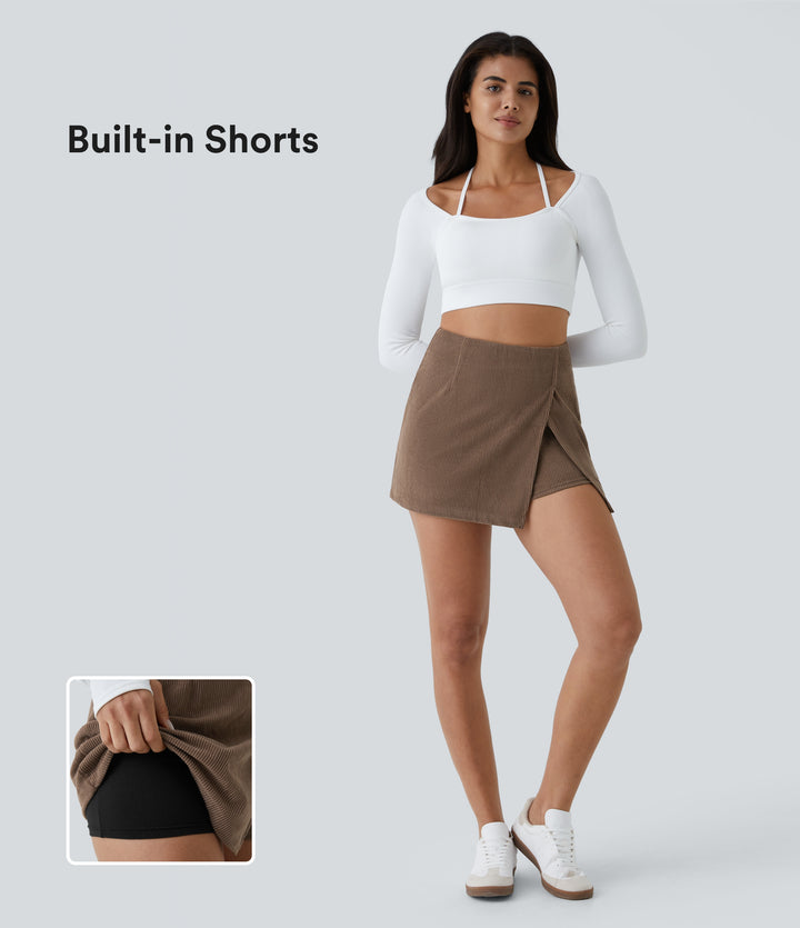 High Waisted Back Zipper Split Hem 2-in-1 Corduroy Casual Skirt — Acorn — view 1