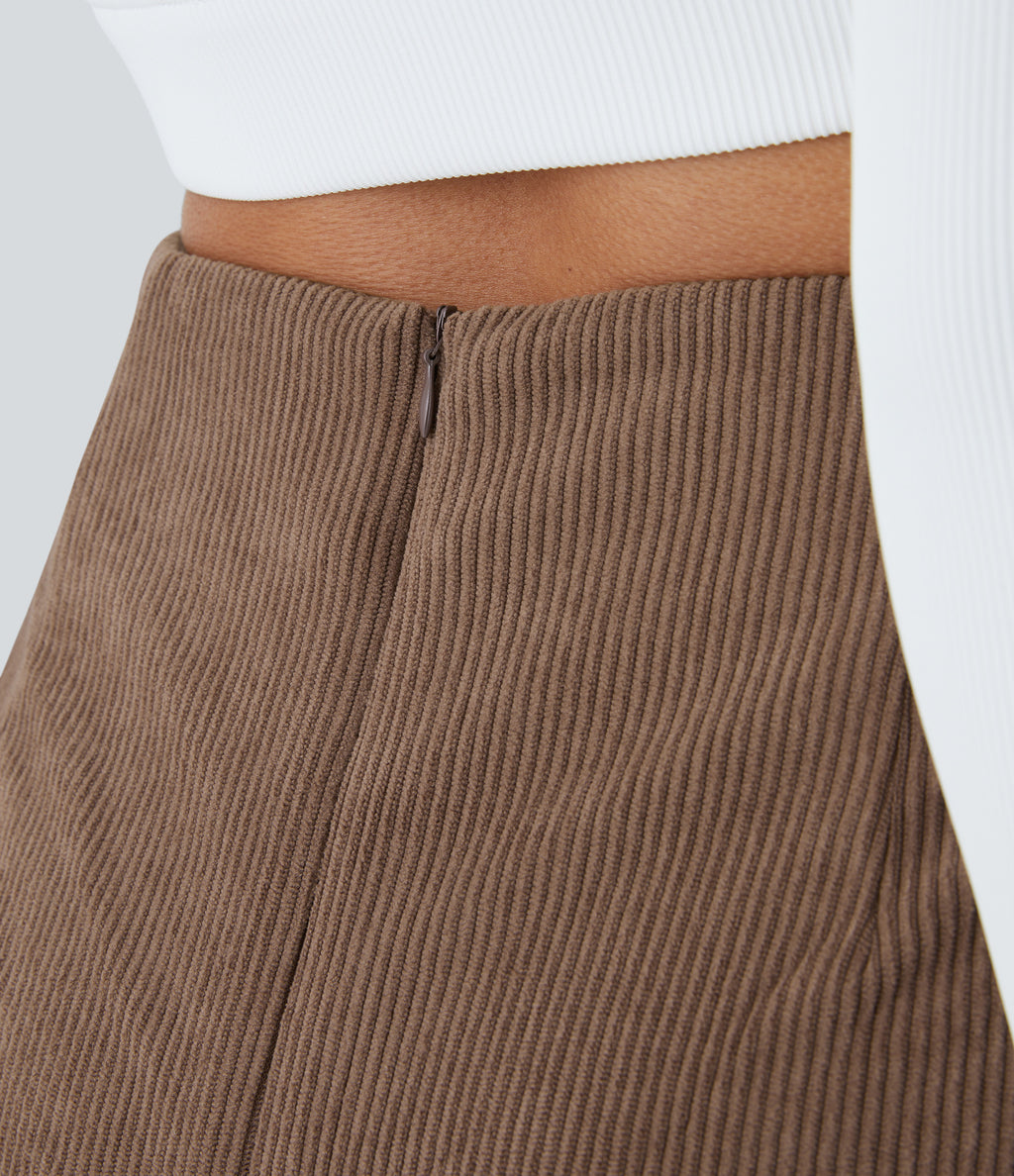 High Waisted Back Zipper Split Hem 2-in-1 Corduroy Casual Skirt — Acorn — view 7