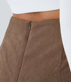 High Waisted Back Zipper Split Hem 2-in-1 Corduroy Casual Skirt — Acorn — view 7