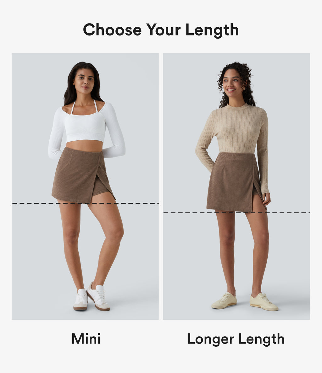 High Waisted Back Zipper Split Hem 2-in-1 Corduroy Casual Skirt — Acorn — view 2