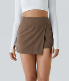 High Waisted Back Zipper Split Hem 2-in-1 Corduroy Casual Skirt — Acorn — view 3