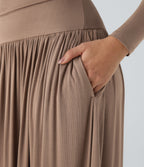 Ribbed Boat Neck Long Sleeve Ruched Side Pocket Flowy Maxi Casual Dress — Beaver Fur — view 5