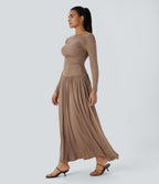 Ribbed Boat Neck Long Sleeve Ruched Side Pocket Flowy Maxi Casual Dress — Beaver Fur — view 3