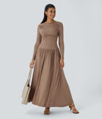 Ribbed Boat Neck Long Sleeve Ruched Side Pocket Flowy Maxi Casual Dress — Beaver Fur — view 6