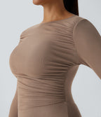 Ribbed Boat Neck Long Sleeve Ruched Side Pocket Flowy Maxi Casual Dress — Beaver Fur — view 4