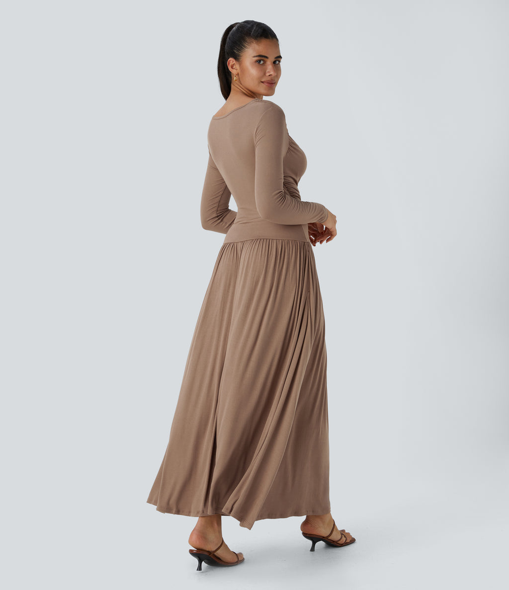 Ribbed Boat Neck Long Sleeve Ruched Side Pocket Flowy Maxi Casual Dress — Beaver Fur — view 2