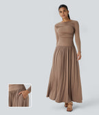 Ribbed Boat Neck Long Sleeve Ruched Side Pocket Flowy Maxi Casual Dress — Beaver Fur — view 1