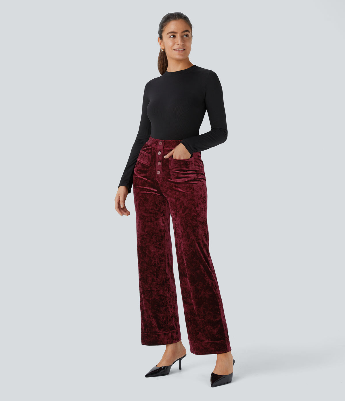 High Waisted Pockets Straight Leg Velvet Casual Trousers — Burgundy — view 7