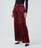 High Waisted Pockets Straight Leg Velvet Casual Trousers — Burgundy — view 1