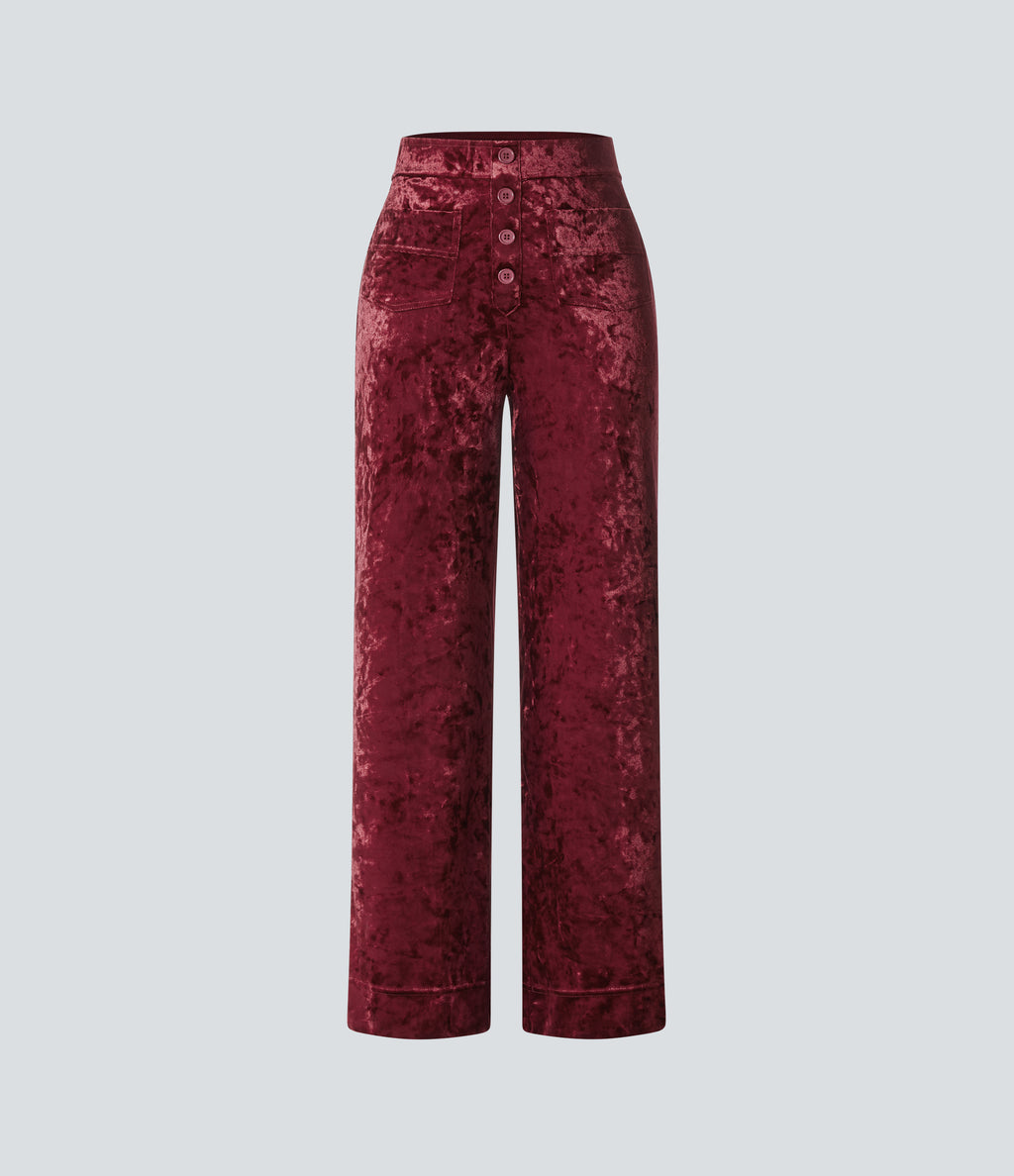 High Waisted Pockets Straight Leg Velvet Casual Trousers — Burgundy — view 8