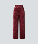 High Waisted Pockets Straight Leg Velvet Casual Trousers — Burgundy — view 8