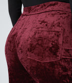 High Waisted Pockets Straight Leg Velvet Casual Trousers — Burgundy — view 5