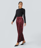 High Waisted Pockets Straight Leg Velvet Casual Trousers — Burgundy — view 6