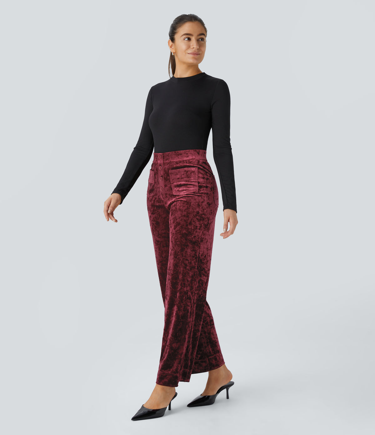 High Waisted Pockets Straight Leg Velvet Casual Trousers — Burgundy — view 6