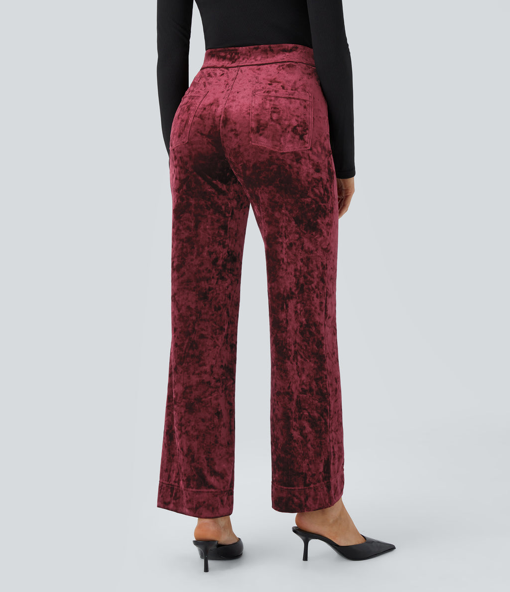 High Waisted Pockets Straight Leg Velvet Casual Trousers — Burgundy — view 3