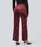 High Waisted Pockets Straight Leg Velvet Casual Trousers — Burgundy — view 3