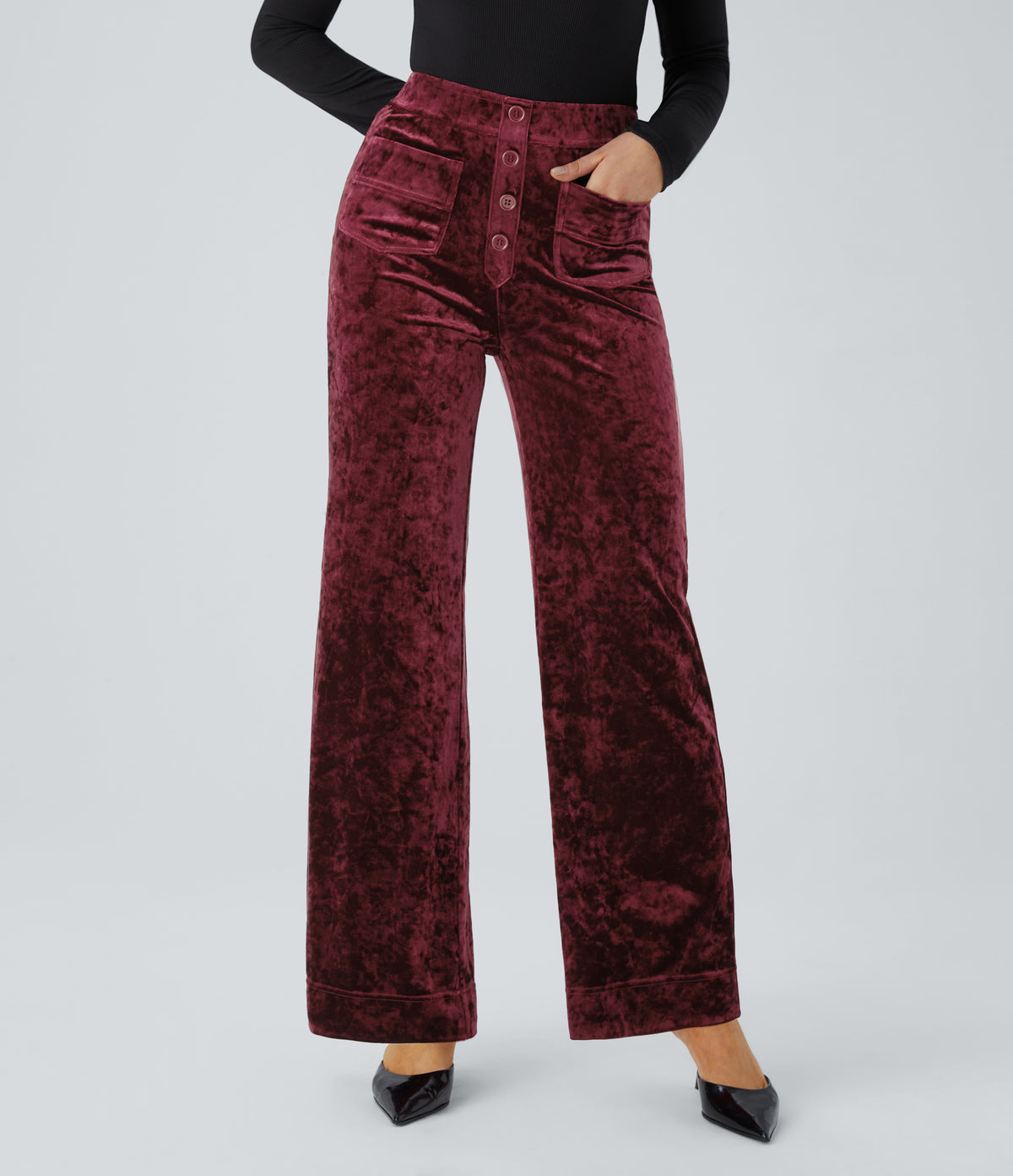 High Waisted Pockets Straight Leg Velvet Casual Trousers — Burgundy — view 2