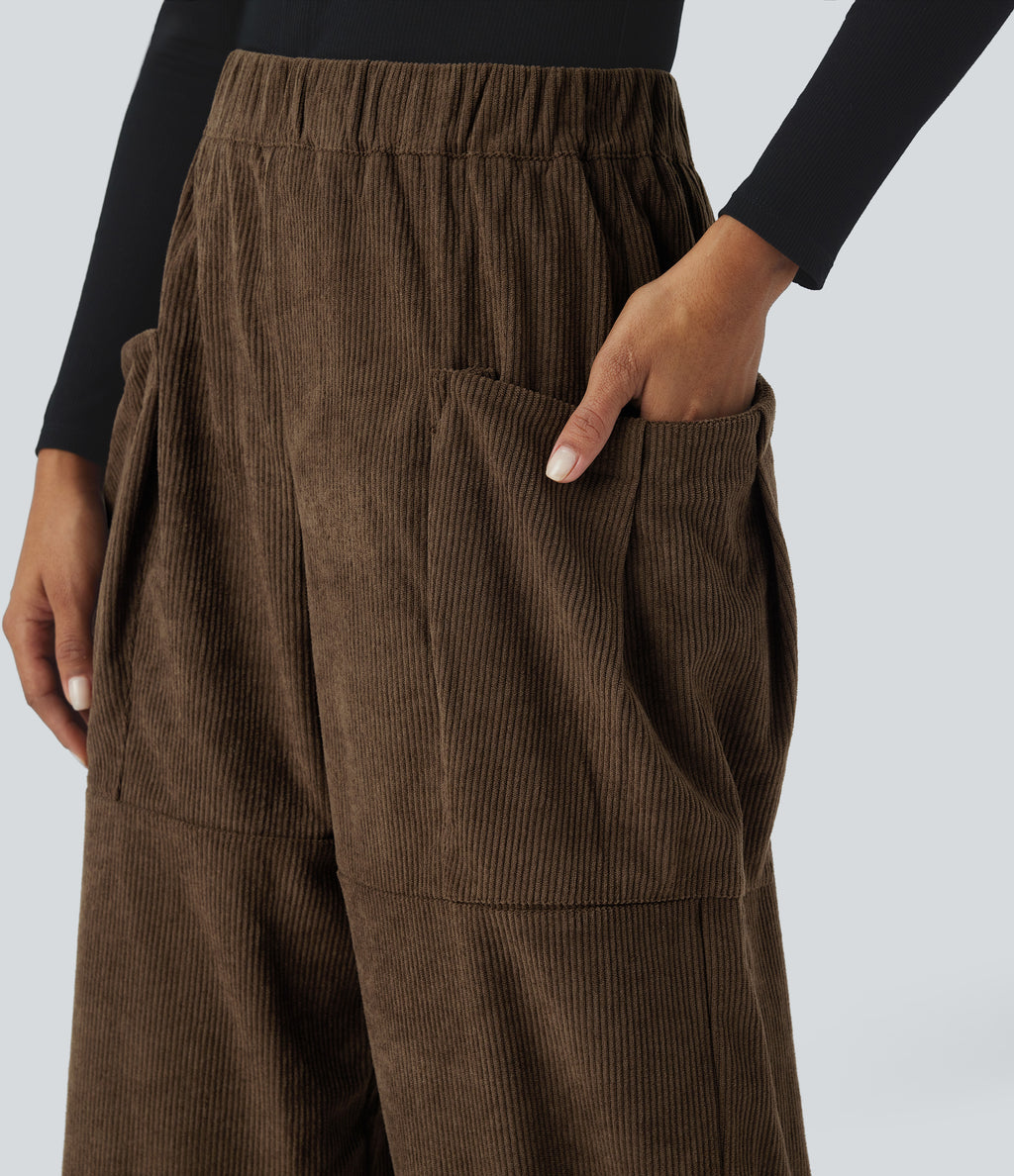 High Waisted Pocket Corduroy Casual Trousers — Demitasse — view 4