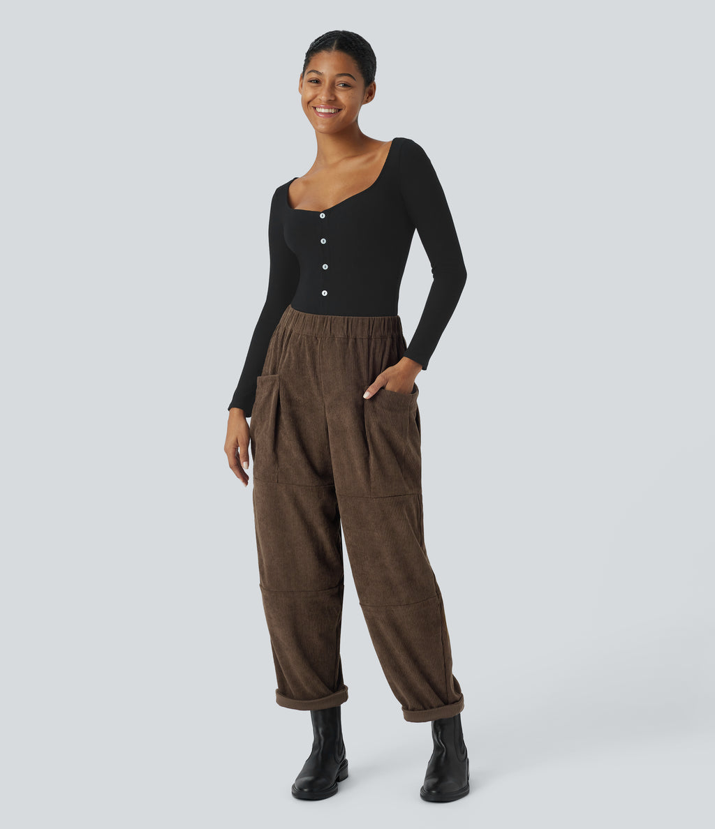 High Waisted Pocket Corduroy Casual Trousers — Demitasse — view 5