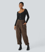 High Waisted Pocket Corduroy Casual Trousers — Demitasse — view 5