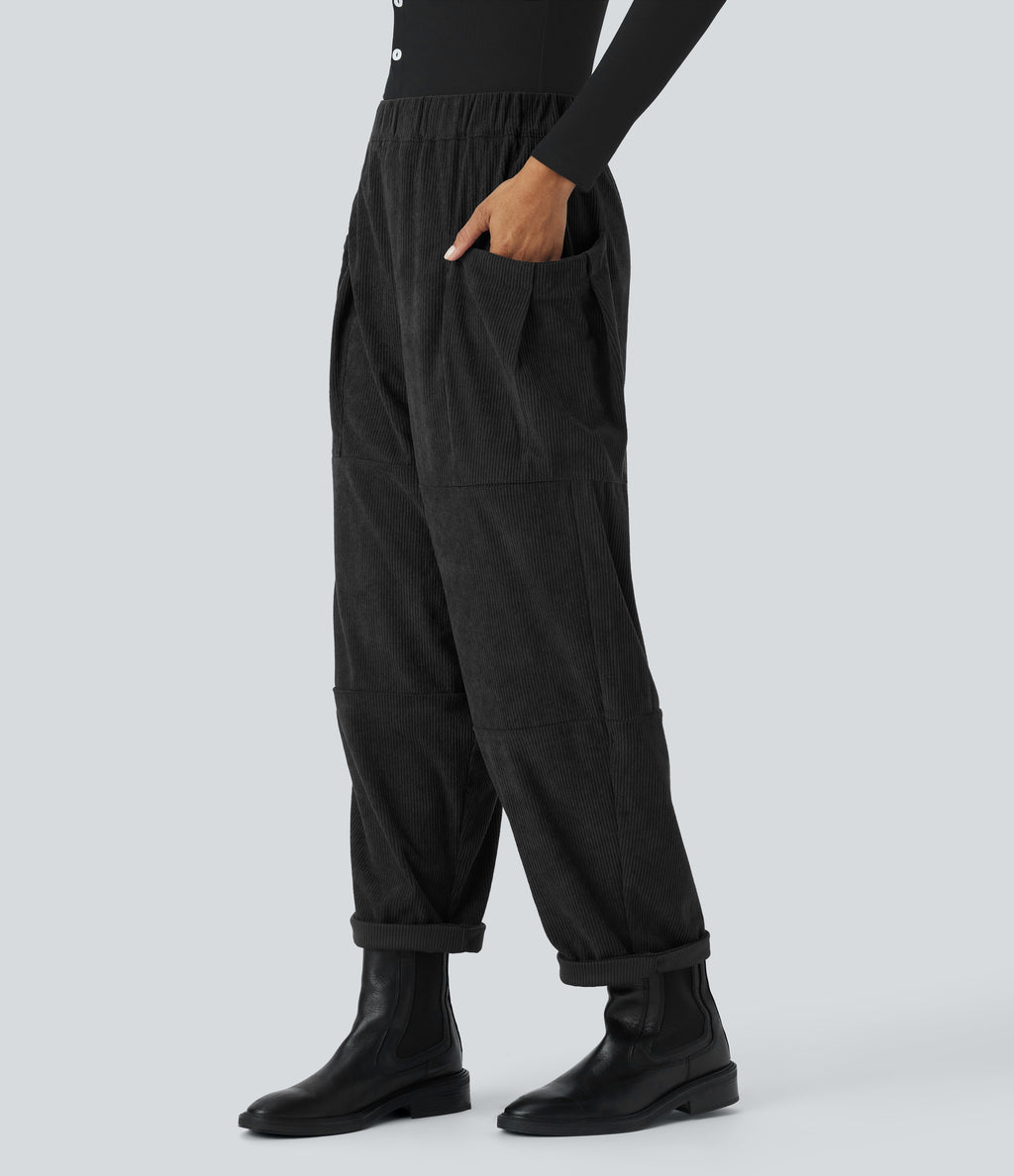 High Waisted Pocket Corduroy Casual Trousers — Black — view 6