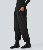 High Waisted Pocket Corduroy Casual Trousers — Black — view 6