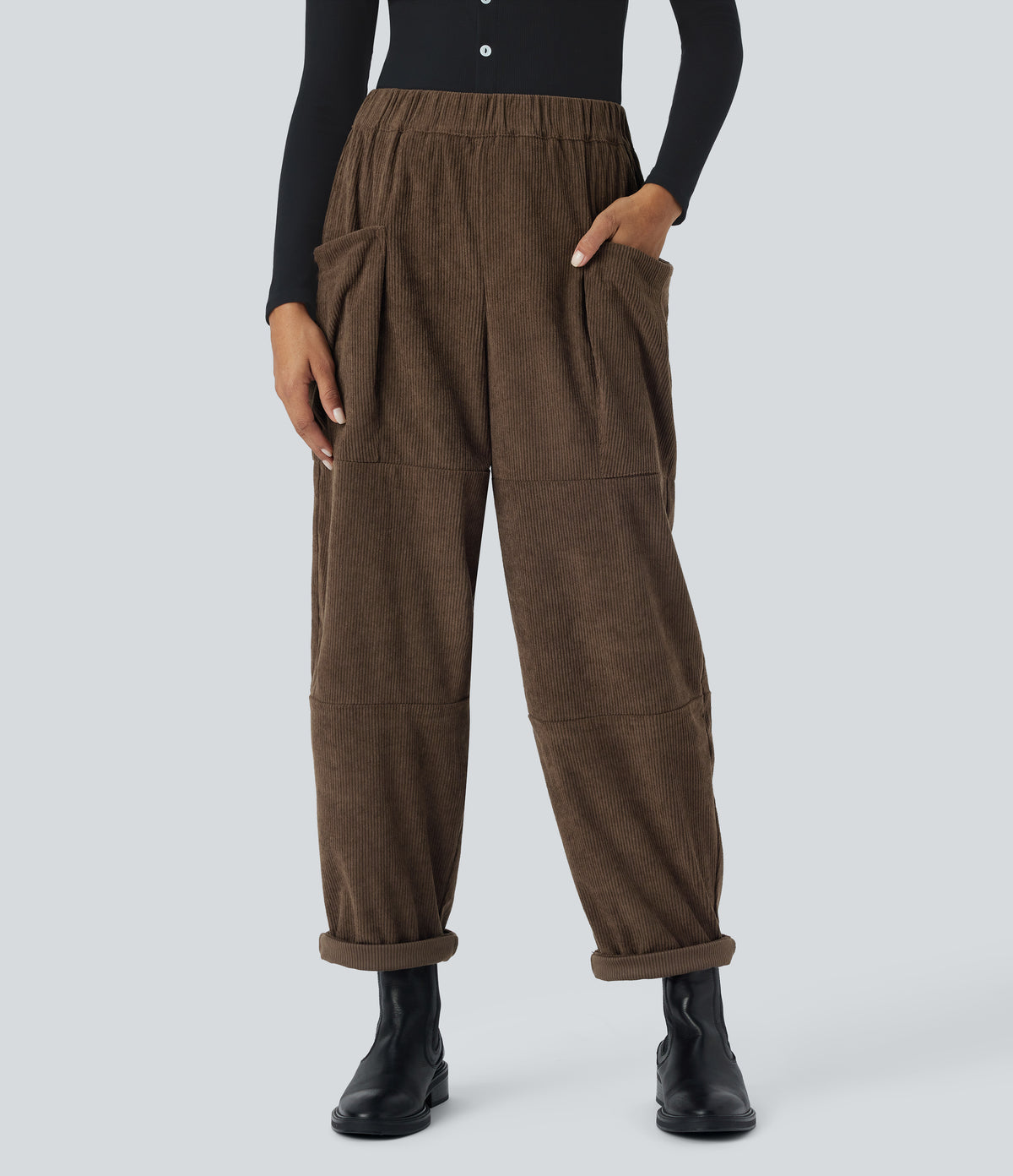 High Waisted Pocket Corduroy Casual Trousers — Demitasse — view 3
