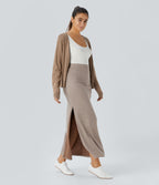 Ribbed High Waisted Hem A Line Maxi Fleece Casual Skirt — Mocha Meringue — view 6