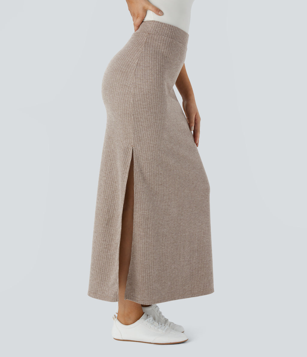Ribbed High Waisted Hem A Line Maxi Fleece Casual Skirt — Mocha Meringue — view 4