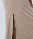 Ribbed High Waisted Hem A Line Maxi Fleece Casual Skirt — Mocha Meringue — view 5