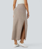 Ribbed High Waisted Hem A Line Maxi Fleece Casual Skirt — Mocha Meringue — view 3