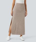 Ribbed High Waisted Hem A Line Maxi Fleece Casual Skirt — Mocha Meringue — view 1