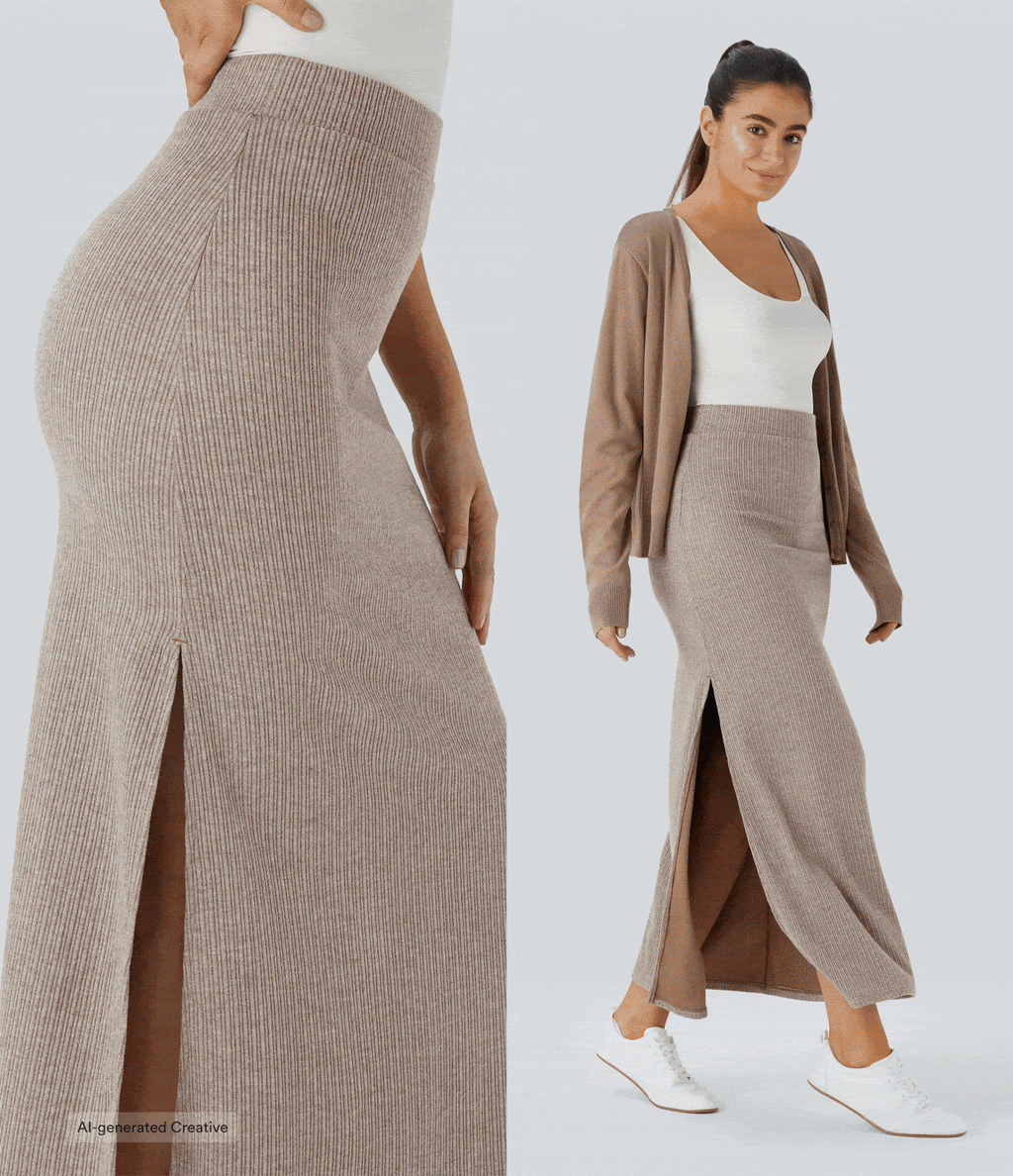 Ribbed High Waisted Hem A Line Maxi Fleece Casual Skirt — Mocha Meringue — view 2
