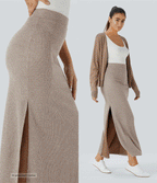 Ribbed High Waisted Hem A Line Maxi Fleece Casual Skirt — Mocha Meringue — view 2