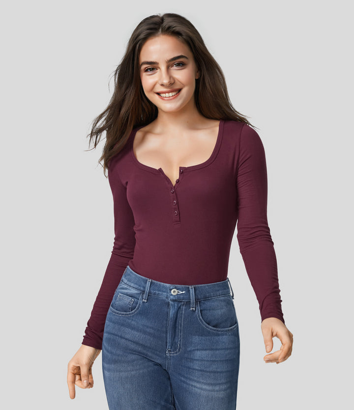 Ribbed Henley Neck Long Sleeve Slim Casual T-Shirt — Maroon Banner — view 1