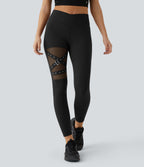 High Waisted Crossover Contrast Mesh Decorative Buckle Yoga Leggings — Black — view 1