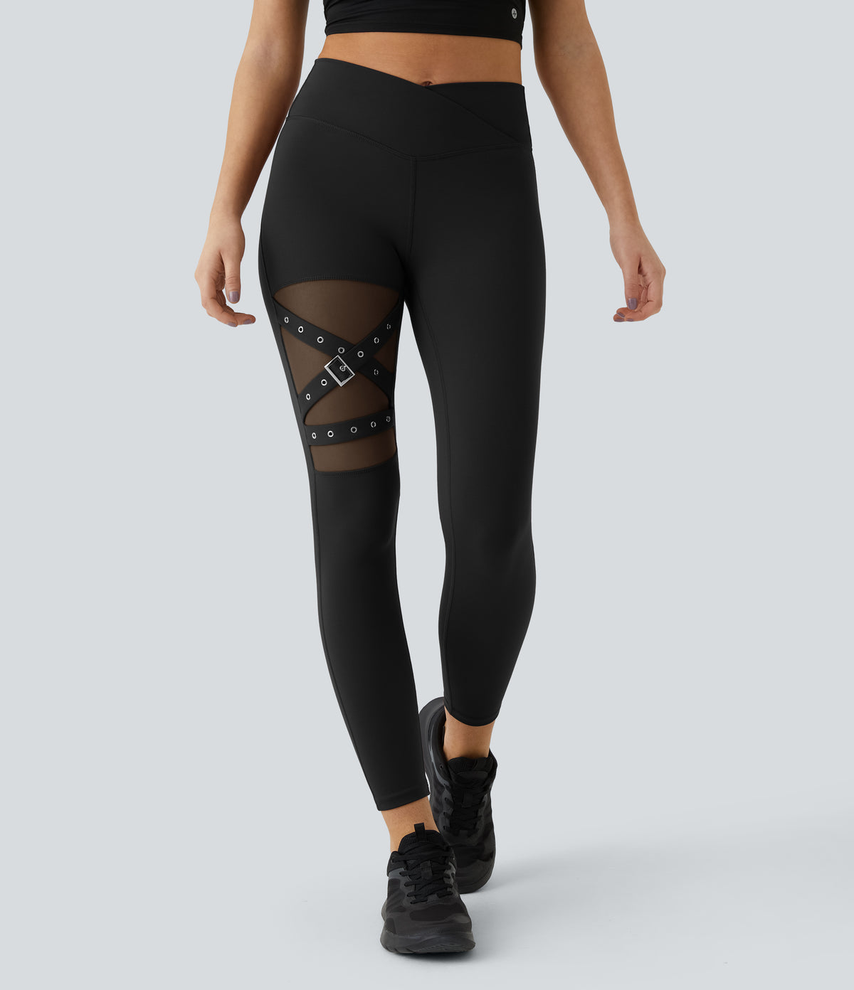 High Waisted Crossover Contrast Mesh Decorative Buckle Yoga Leggings — Black — view 1